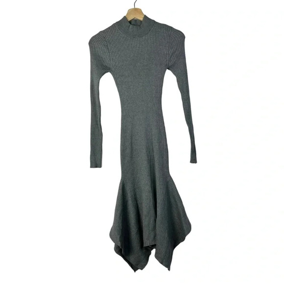 Express Gray Ribbed Mock Neck Asymmetrical Hem Sweater Dress XS - Picture 2 of 6